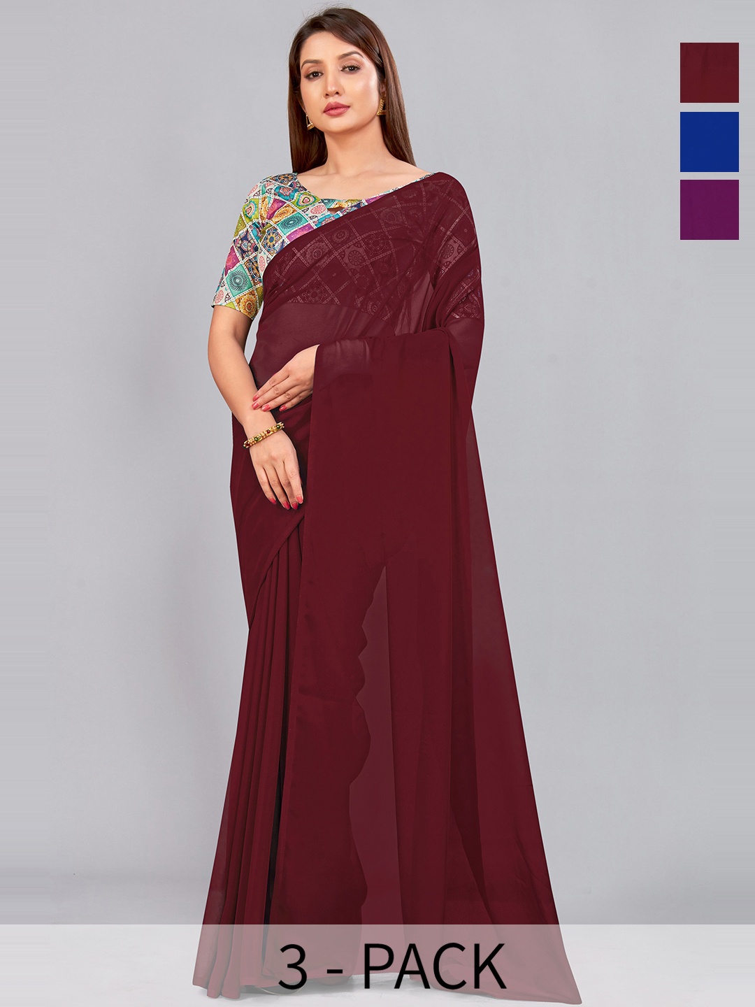 

CastilloFab Selection Of 3 Pure Georgette Sarees, Maroon