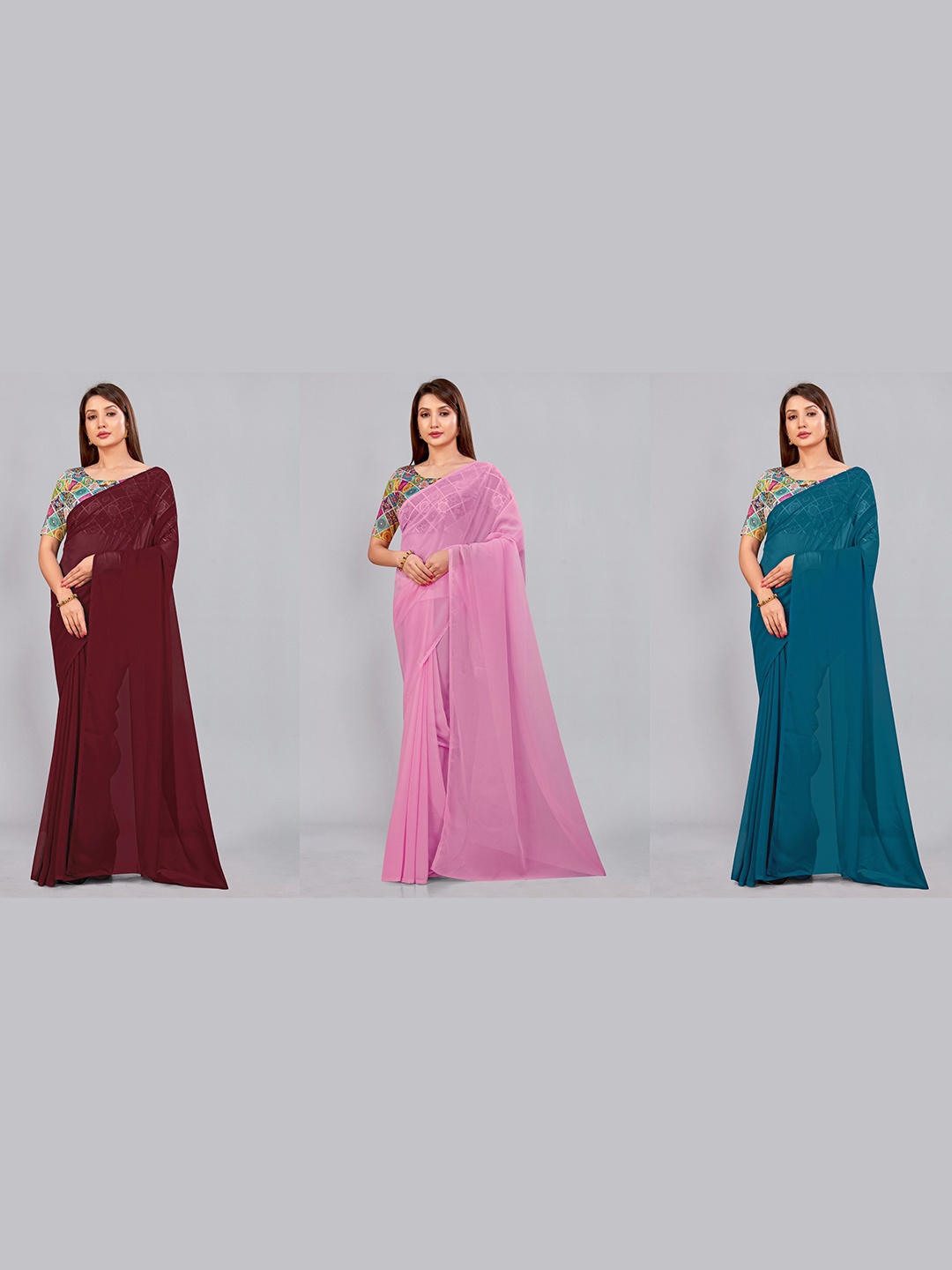 

CastilloFab Selection Of 3 Ethnic Pure Georgette Sarees, Maroon