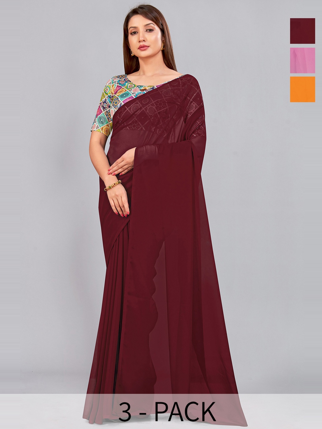 

CastilloFab Selection of 3 Pure Georgette Saree, Maroon