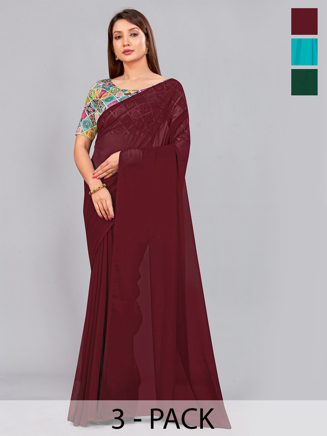

CastilloFab Selection of 3 Pure Georgette Saree, Maroon