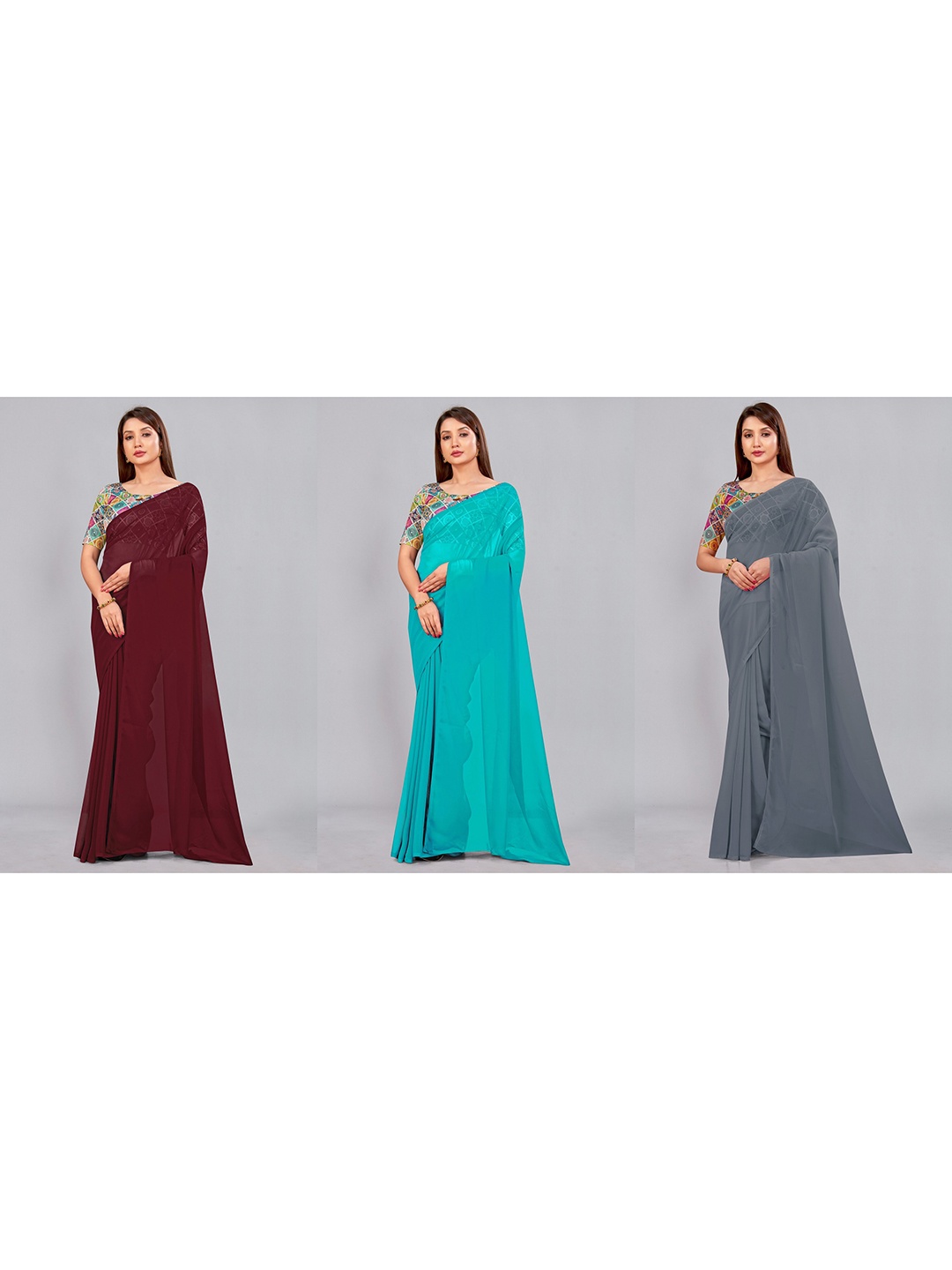 

CastilloFab Selection of 3 Pure Georgette Saree, Maroon