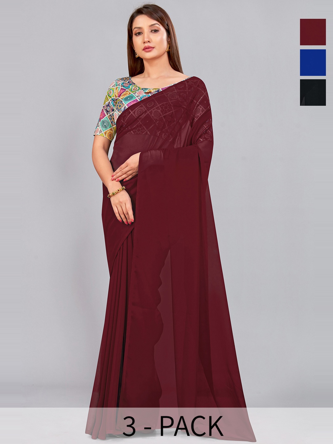

CastilloFab Selection Of 3 Pure Georgette Sarees, Maroon