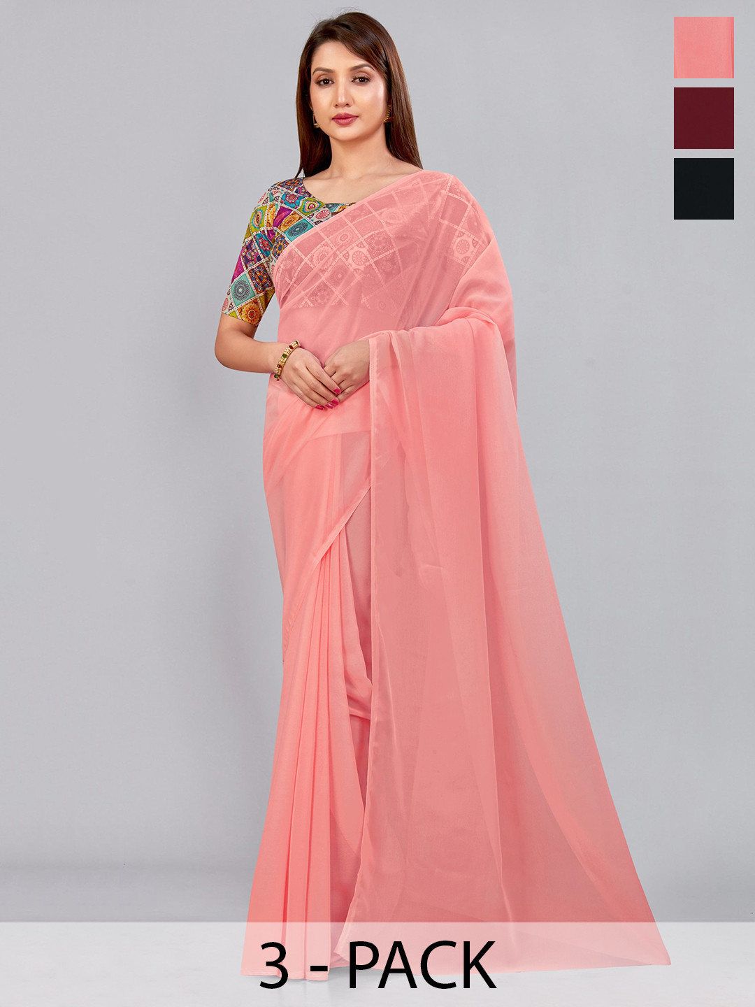 

CastilloFab Selection Of 3 Pure Georgette Saree, Maroon