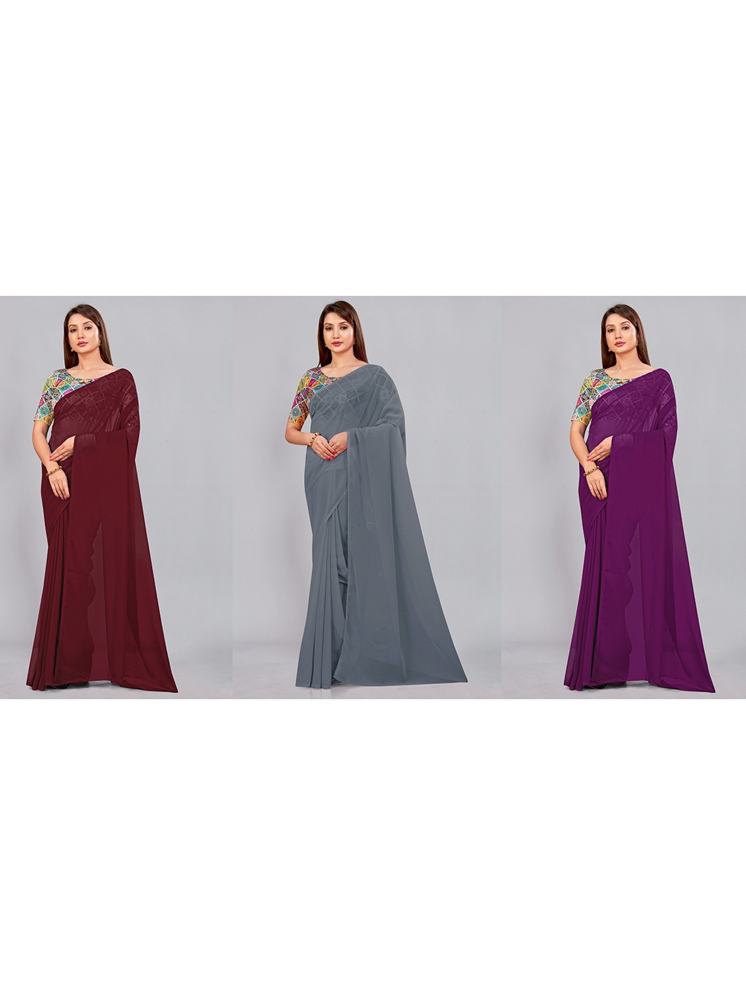 

CastilloFab Selection of 3 Pure Georgette Saree, Maroon