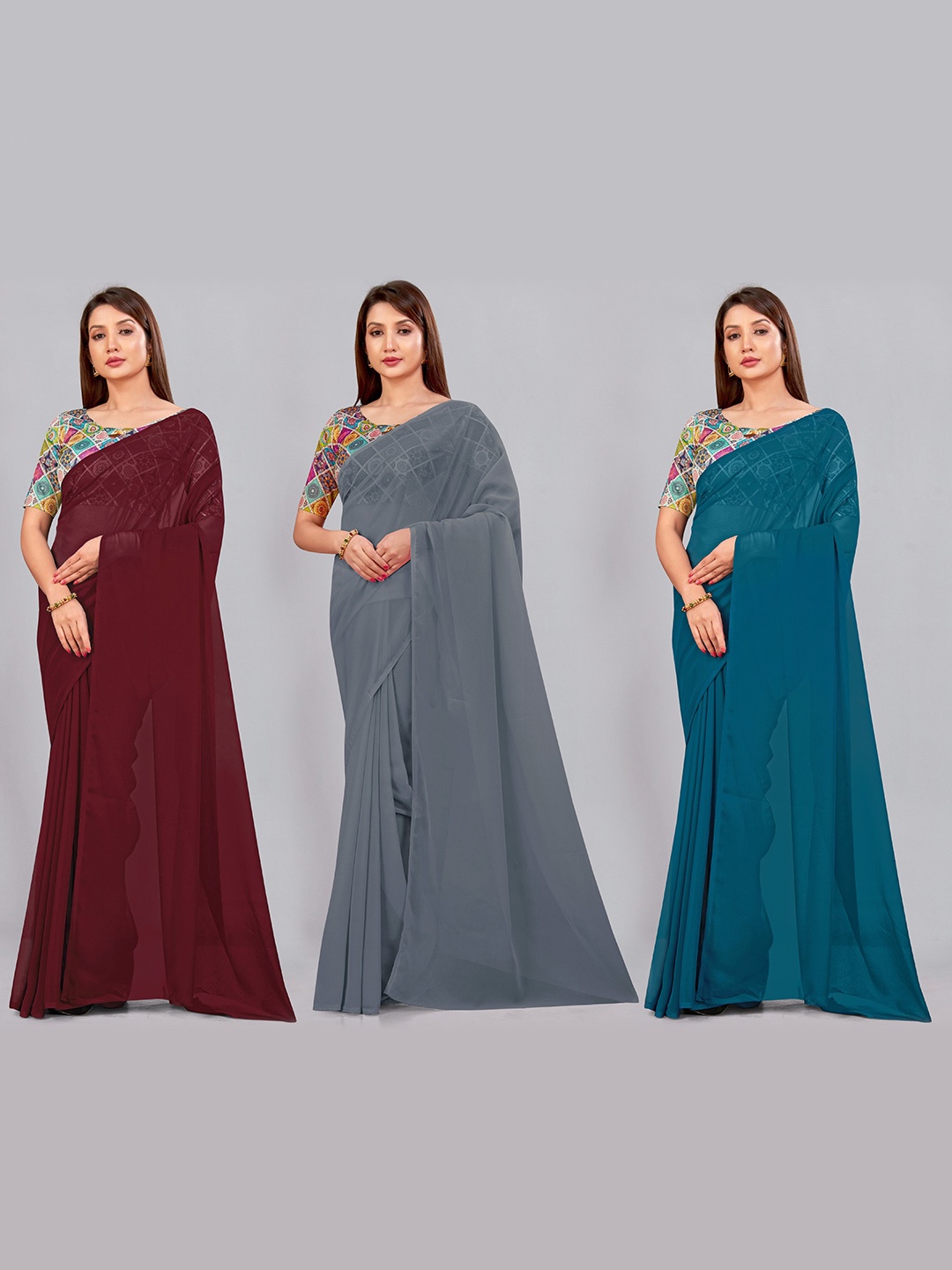 

CastilloFab Selection of 3 Pure Georgette Saree, Maroon
