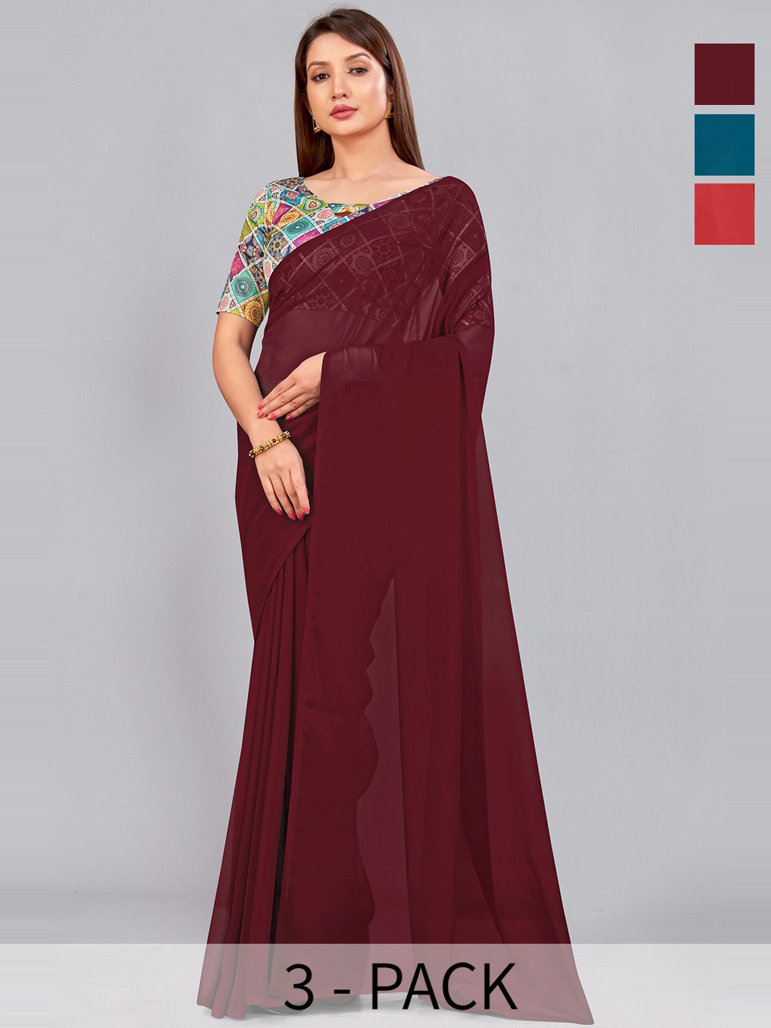 

CastilloFab Selection Of 3 Pure Georgette Sarees, Maroon