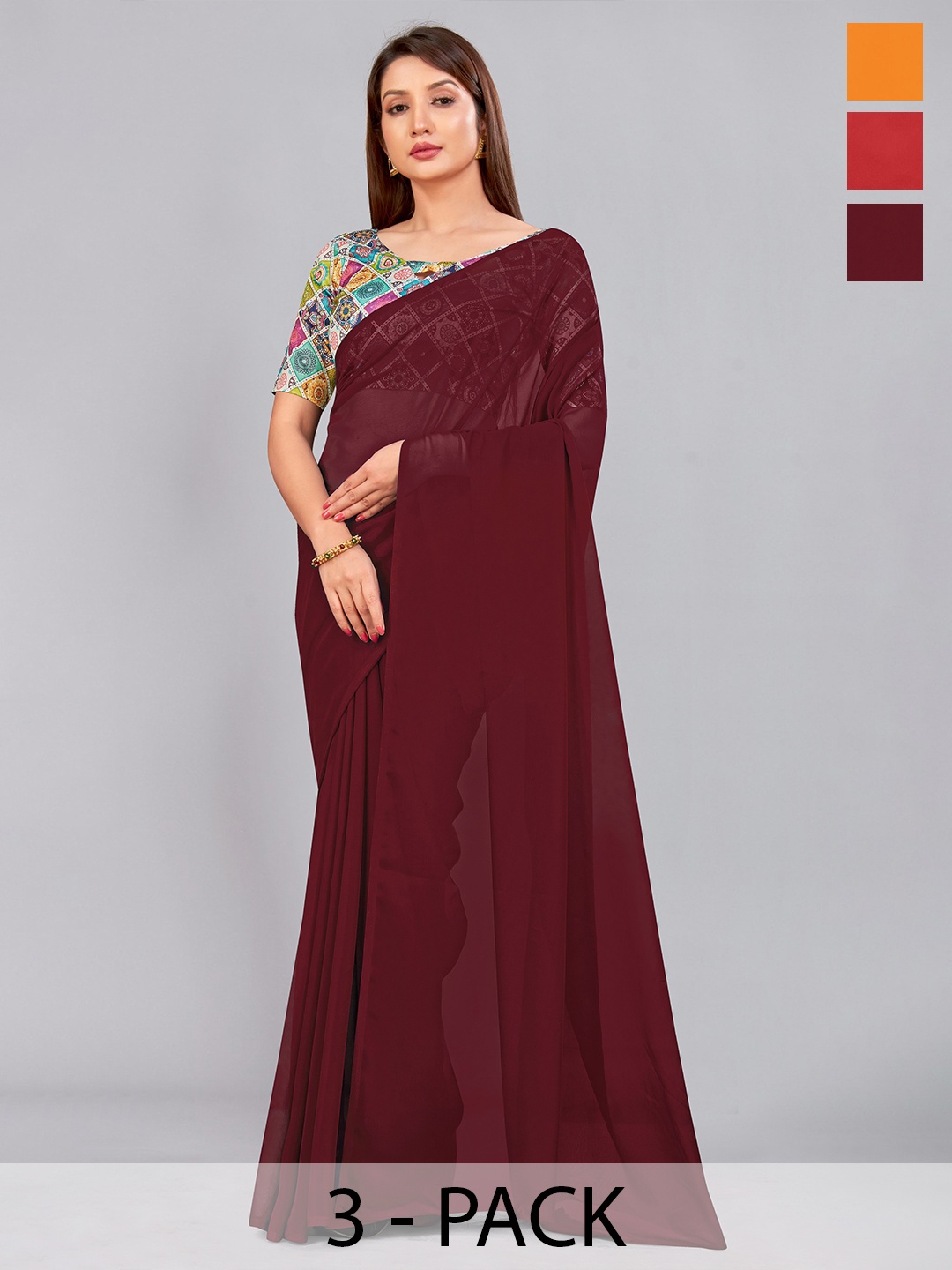 

CastilloFab Selection Of 3 Pure Georgette Saree, Maroon
