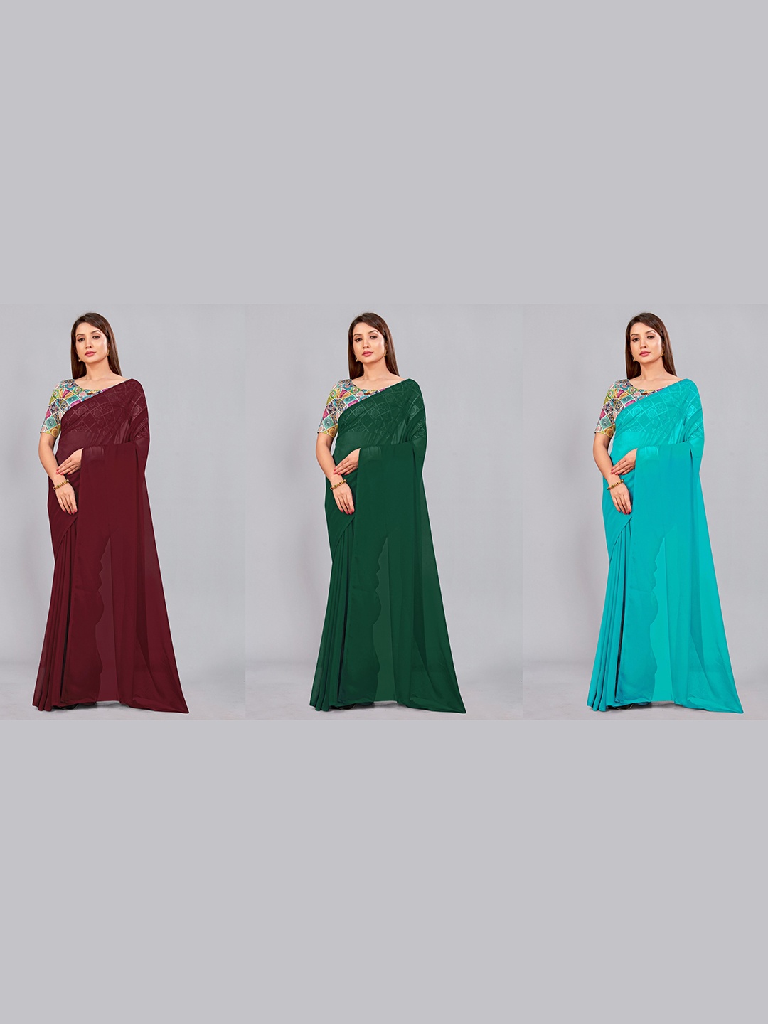 

CastilloFab Selection Of 3 Ethnic Pure Georgette Sarees, Maroon