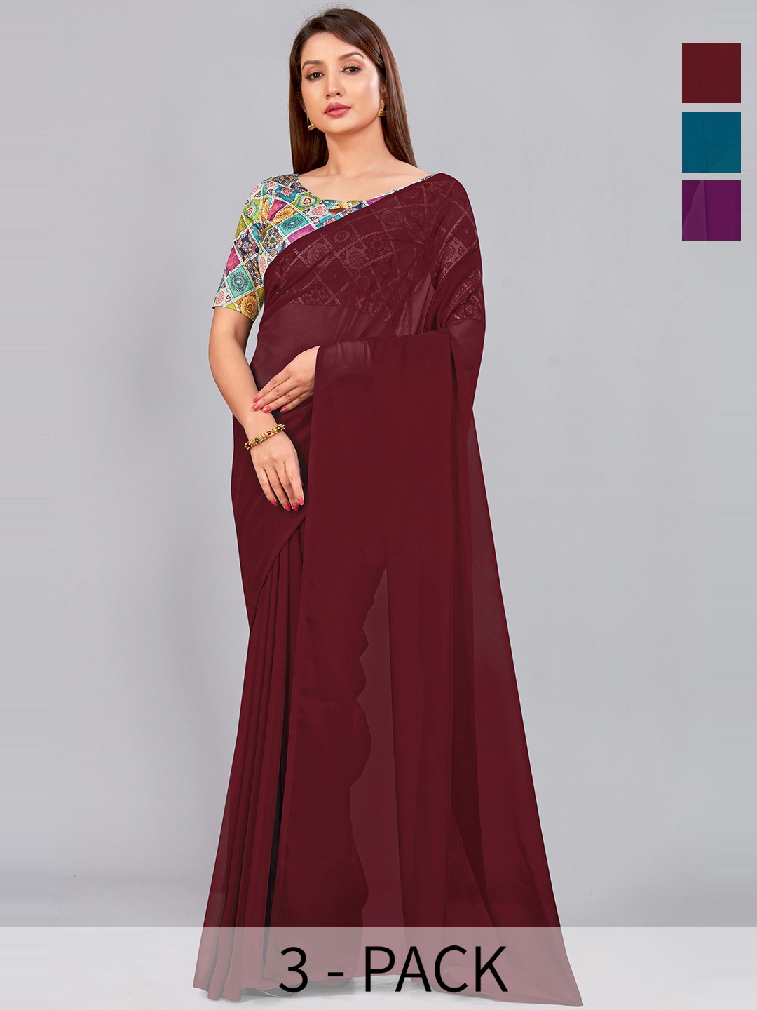

CastilloFab Selection of 3 Pure Georgette Saree, Maroon