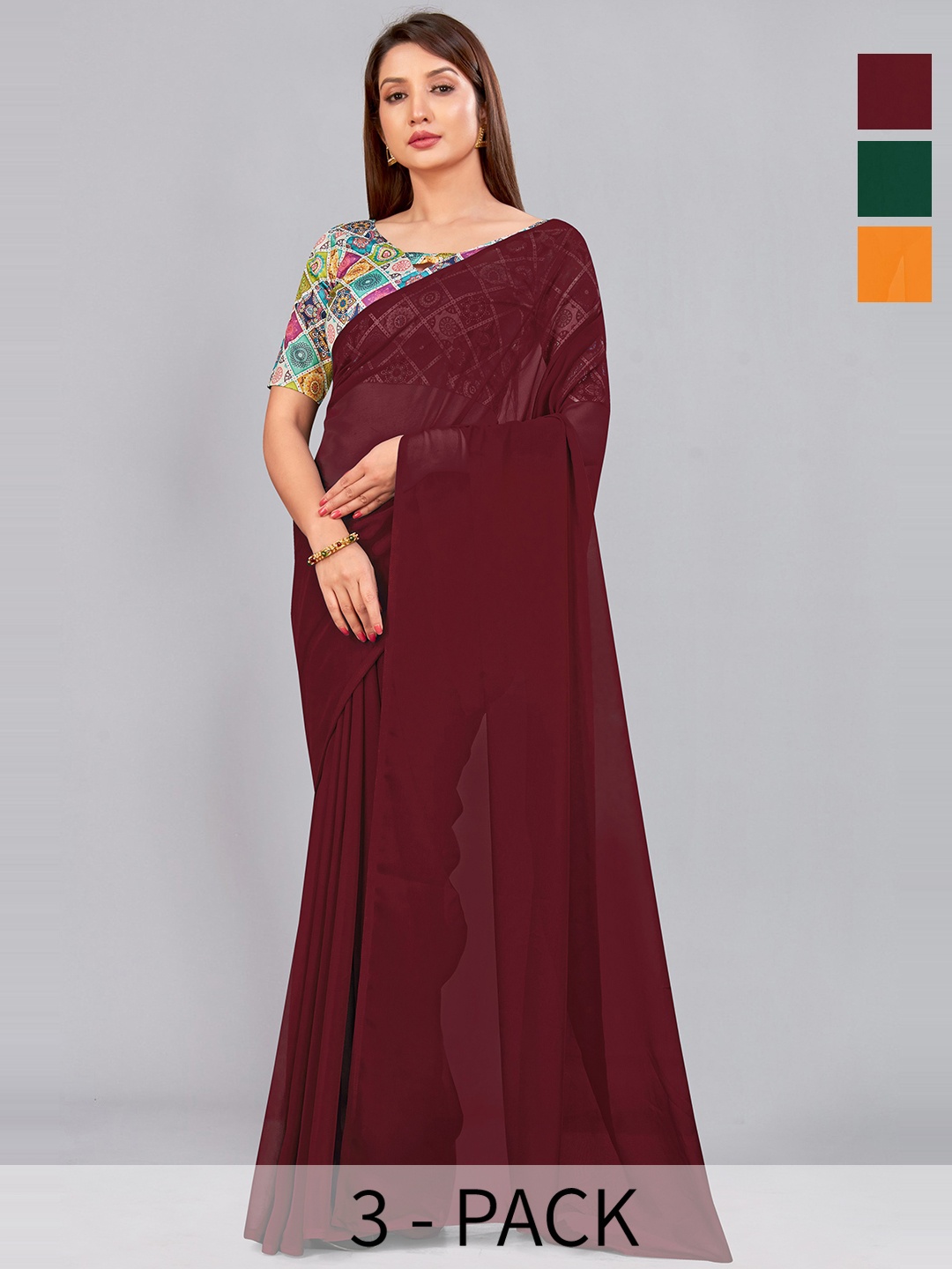 

CastilloFab Selection of 3 Pure Georgette Saree, Maroon