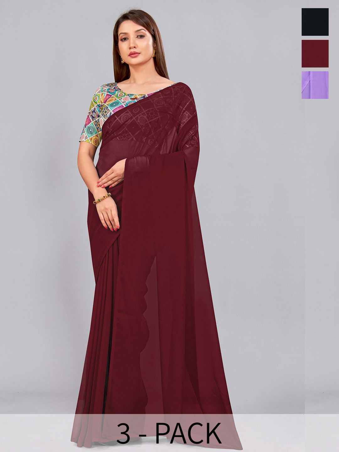 

CastilloFab Selection Of 3 Pure Georgette Saree, Maroon