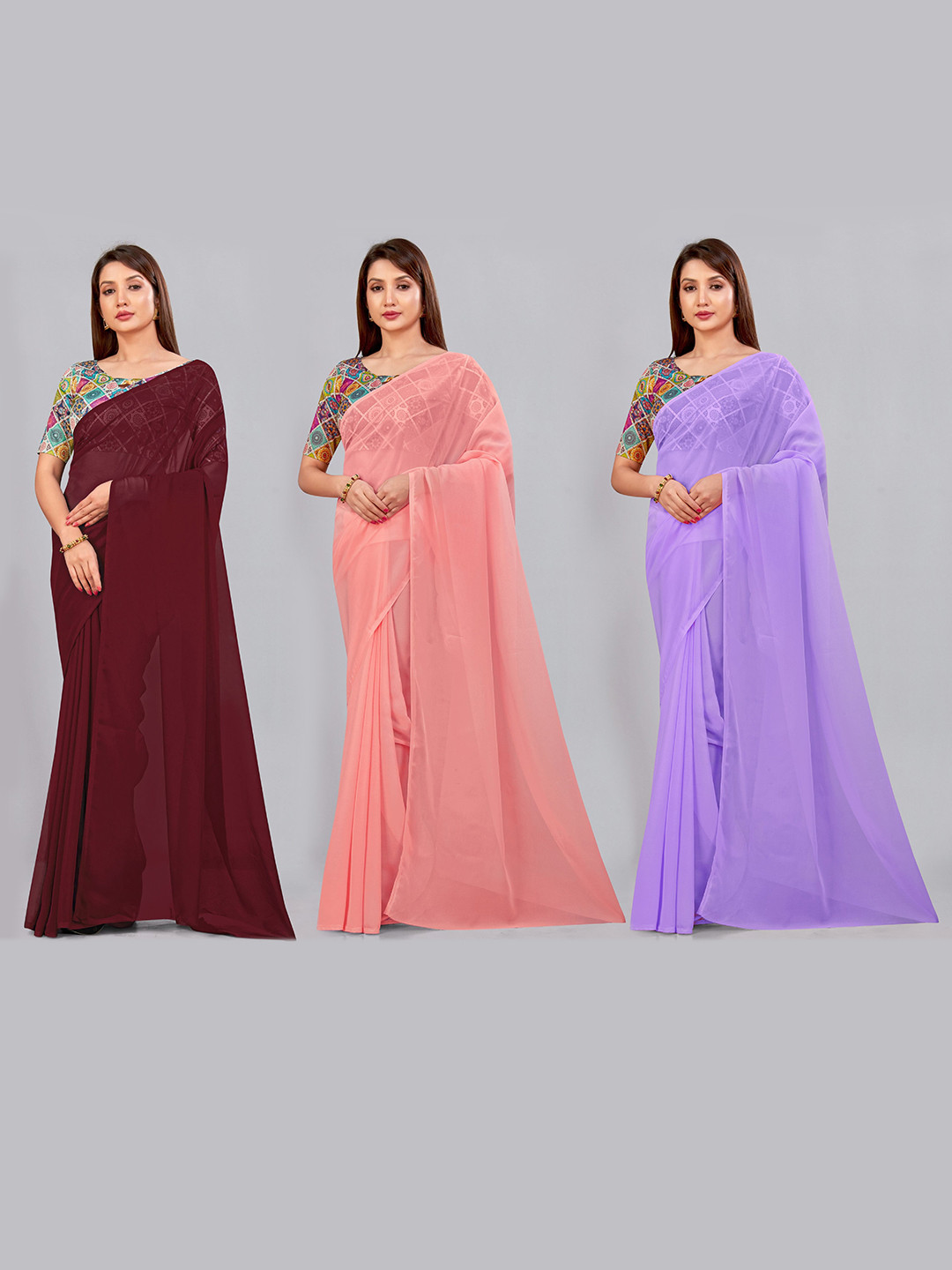 

CastilloFab Selection of 3 Pure Georgette Saree, Maroon