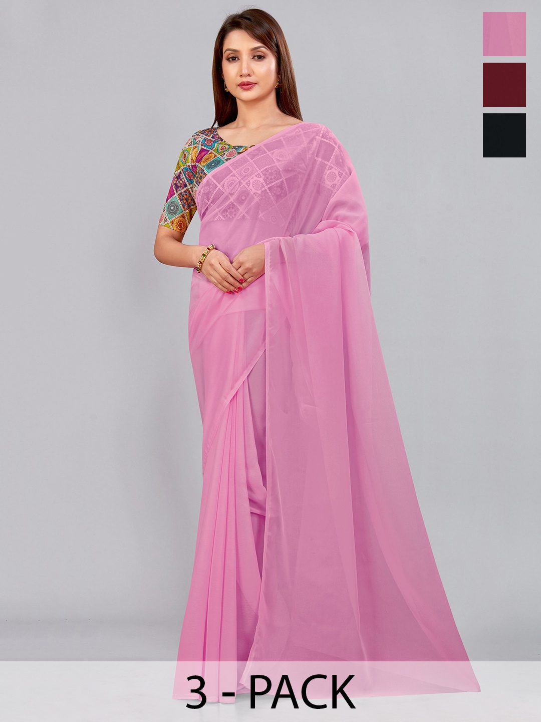 

CastilloFab Selection Of 3 Pure Georgette Saree, Maroon