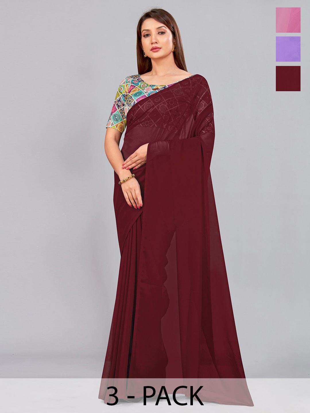 

CastilloFab Selection Of 3 Pure Georgette Saree, Maroon