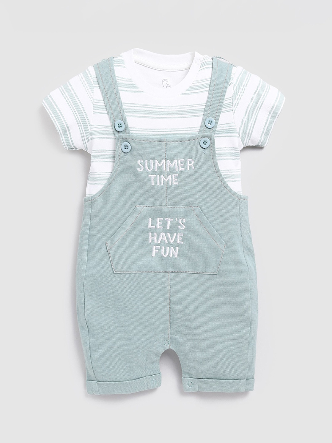 

BABY GO Infant Boys Embroidered Pure Cotton Slim Fit Dungaree With Striped T-Shirt, Green