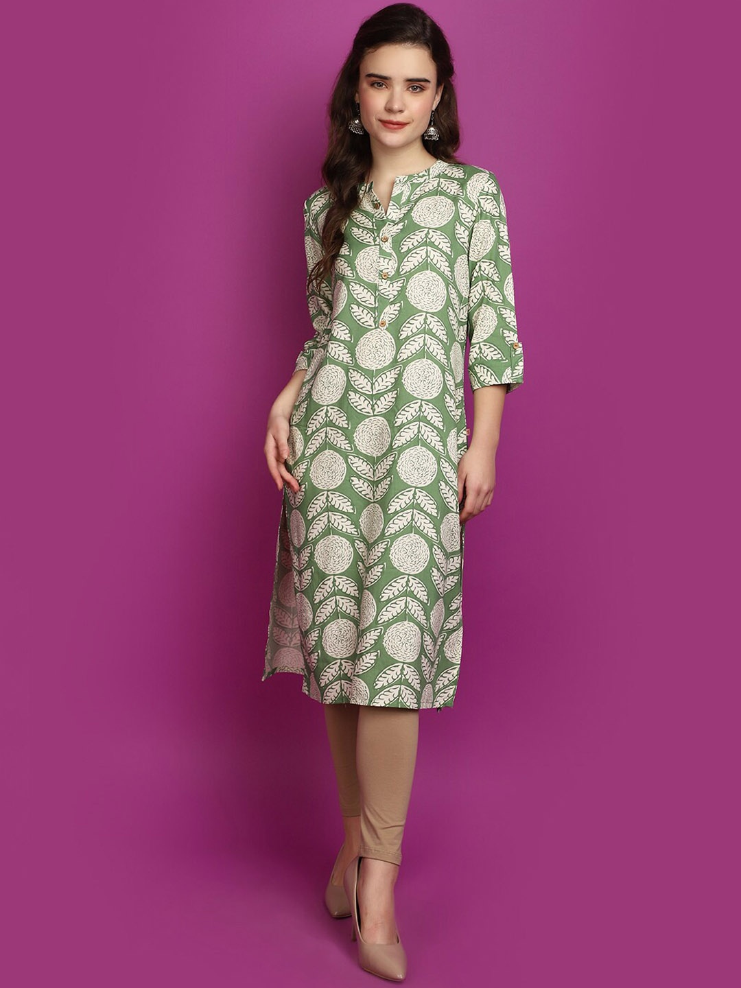 

V-Mart Floral Printed Mandarin Collar Cotton Kurta, Green