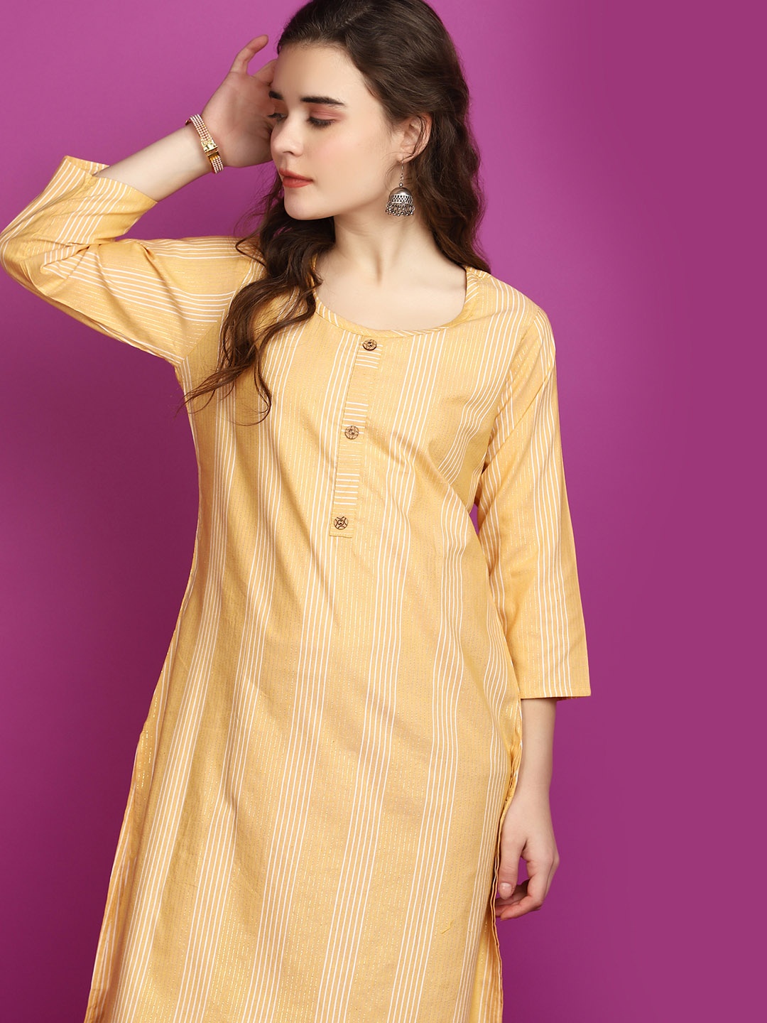 

V-Mart Striped Keyhole Neck Three-Quarter Sleeves Flared Sleeves Thread Work Cotton Kurta, Yellow