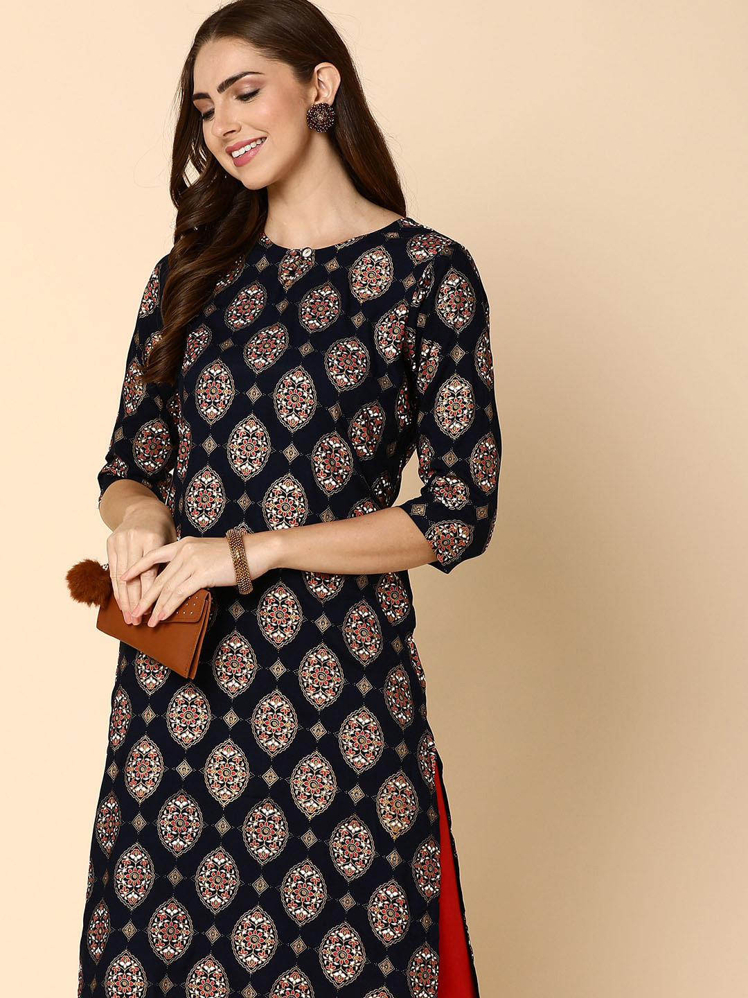 

V-Mart Ethnic Motifs Printed Round Neck Cotton Kurta, Blue