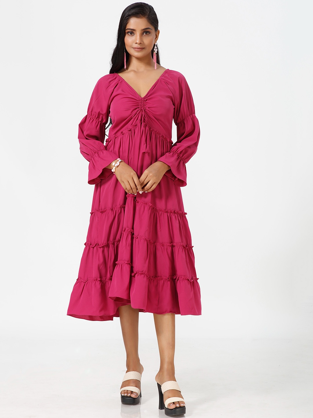 

mrutbaa Bell Sleeve Tiered Fit & Flare Dress, Pink