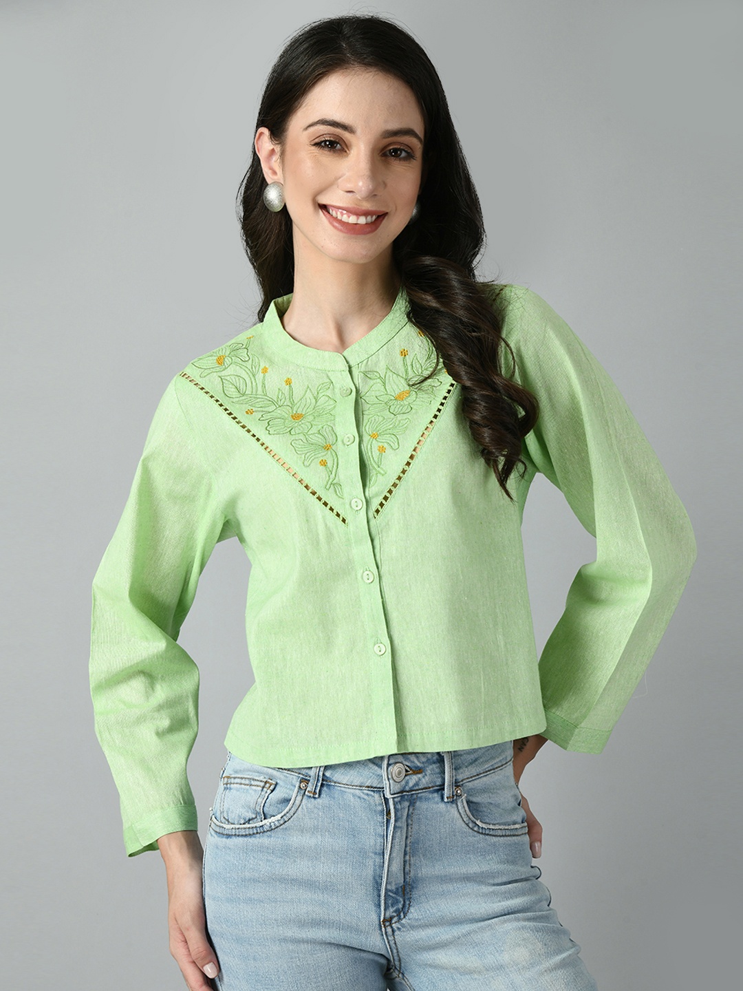 

DOISA Embroidered Cotton Shirt Style Top, Green