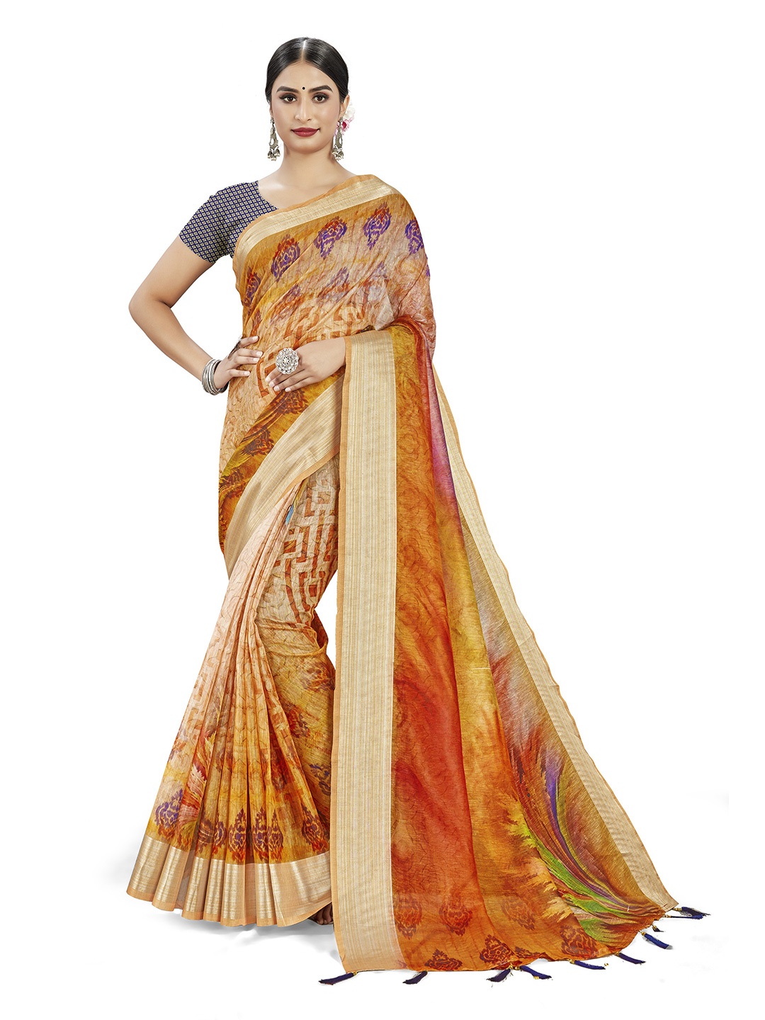 

MANVAA Ethnic Motifs Printed Zari Saree, Beige
