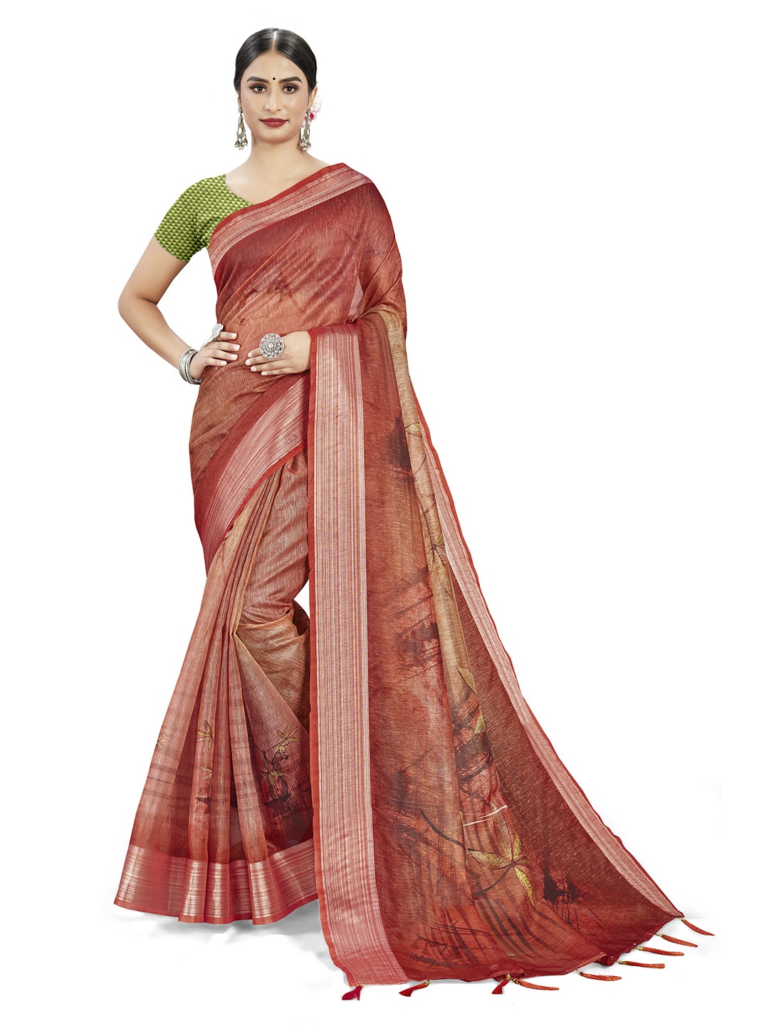 

MANVAA Floral Printed Zari Saree, Red