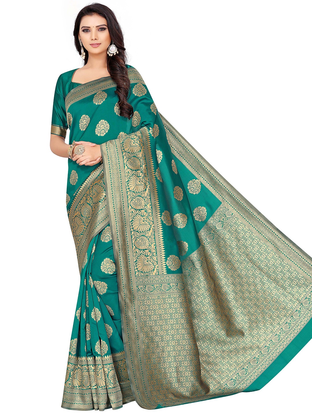 

MANVAA Green & GoldToned Ethnic Woven Design Zari Silk Banarasi Saree
