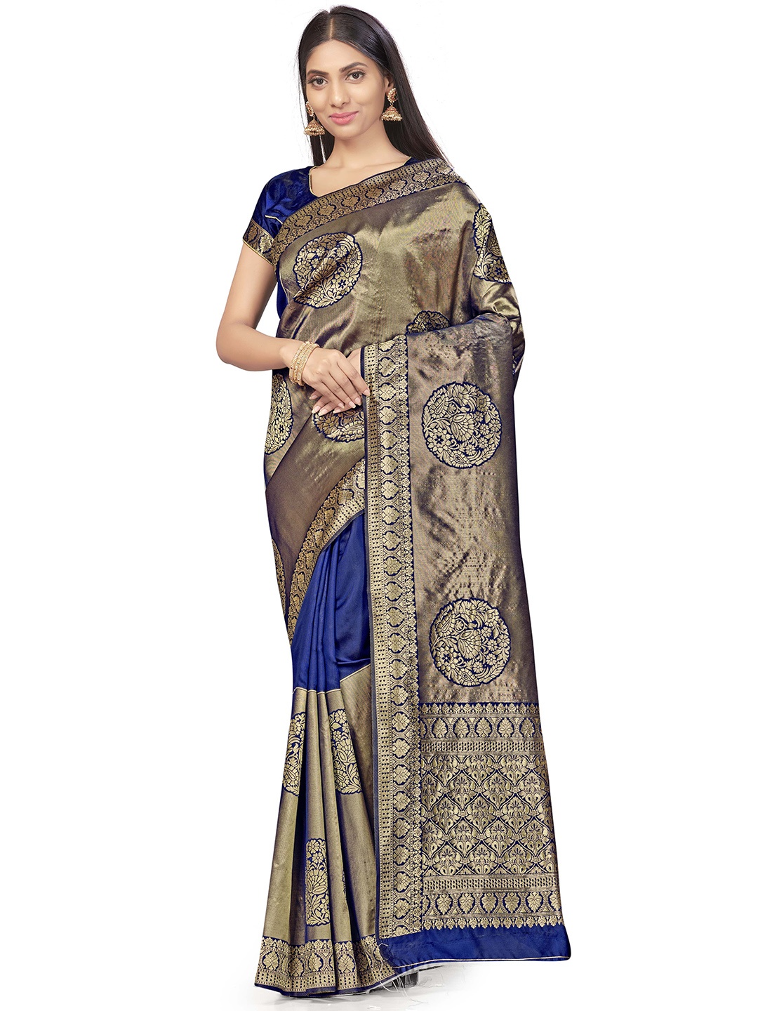 

MANVAA Ethnic Motifs Woven Design Zari Banarasi Saree, Navy blue