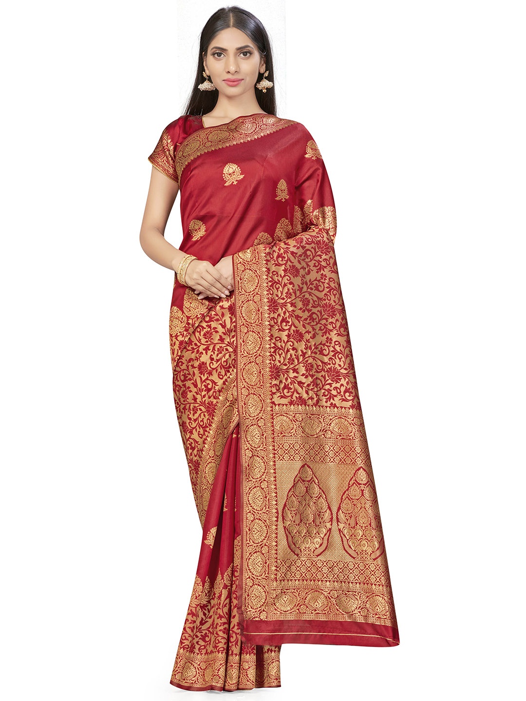 

MANVAA Red & GoldToned Ethnic Woven Design Zari Silk Banarasi Saree