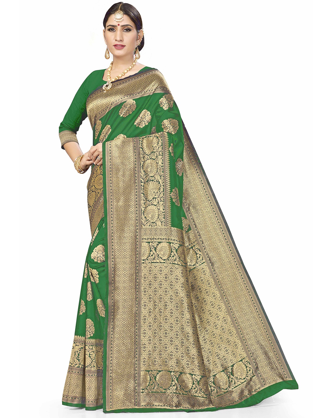 

MANVAA Ethnic Motifs Woven Design Zari Saree, Green