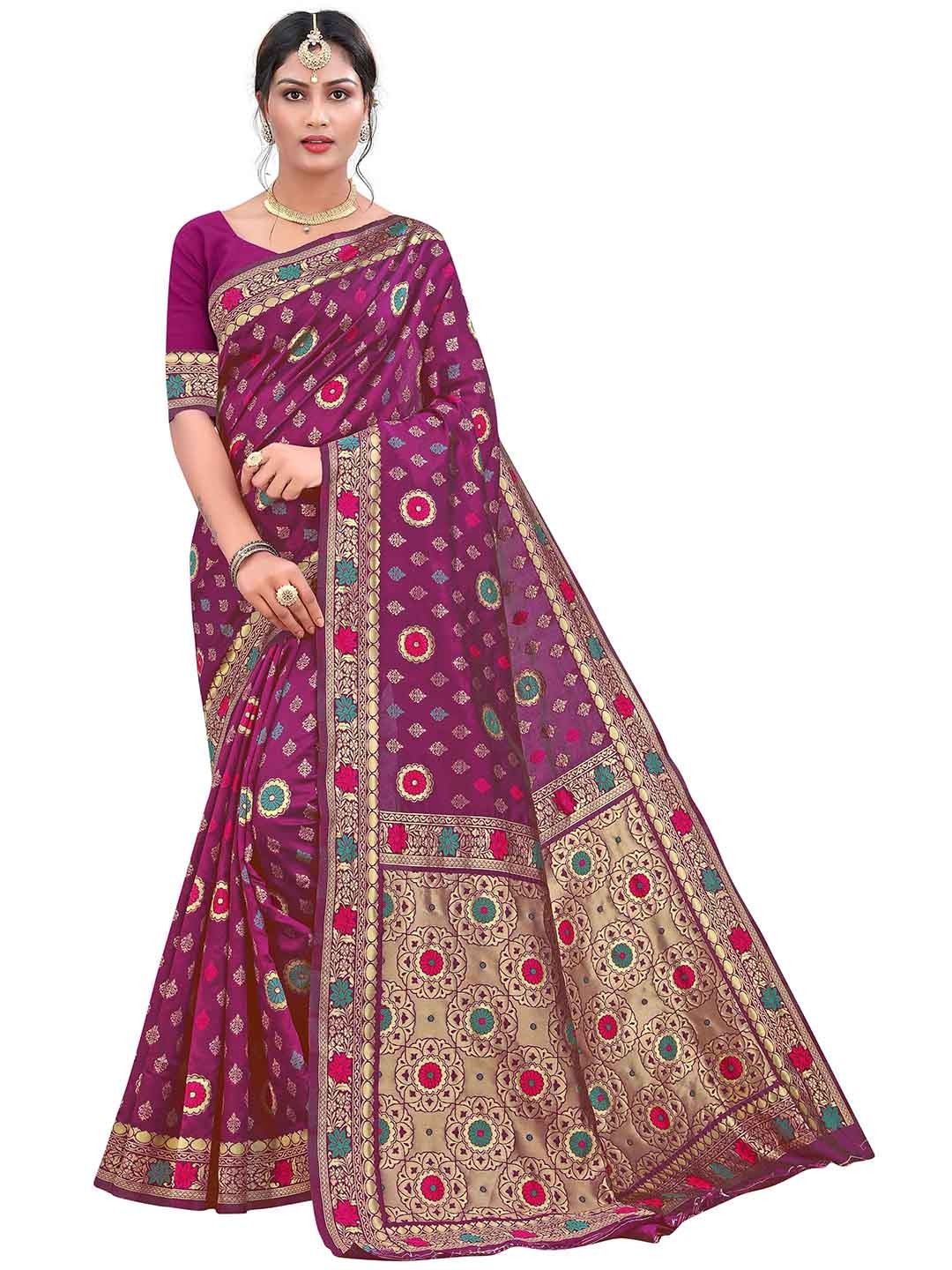 

MANVAA Ethnic Motifs Woven Design Zari Kanjeevaram Saree, Purple