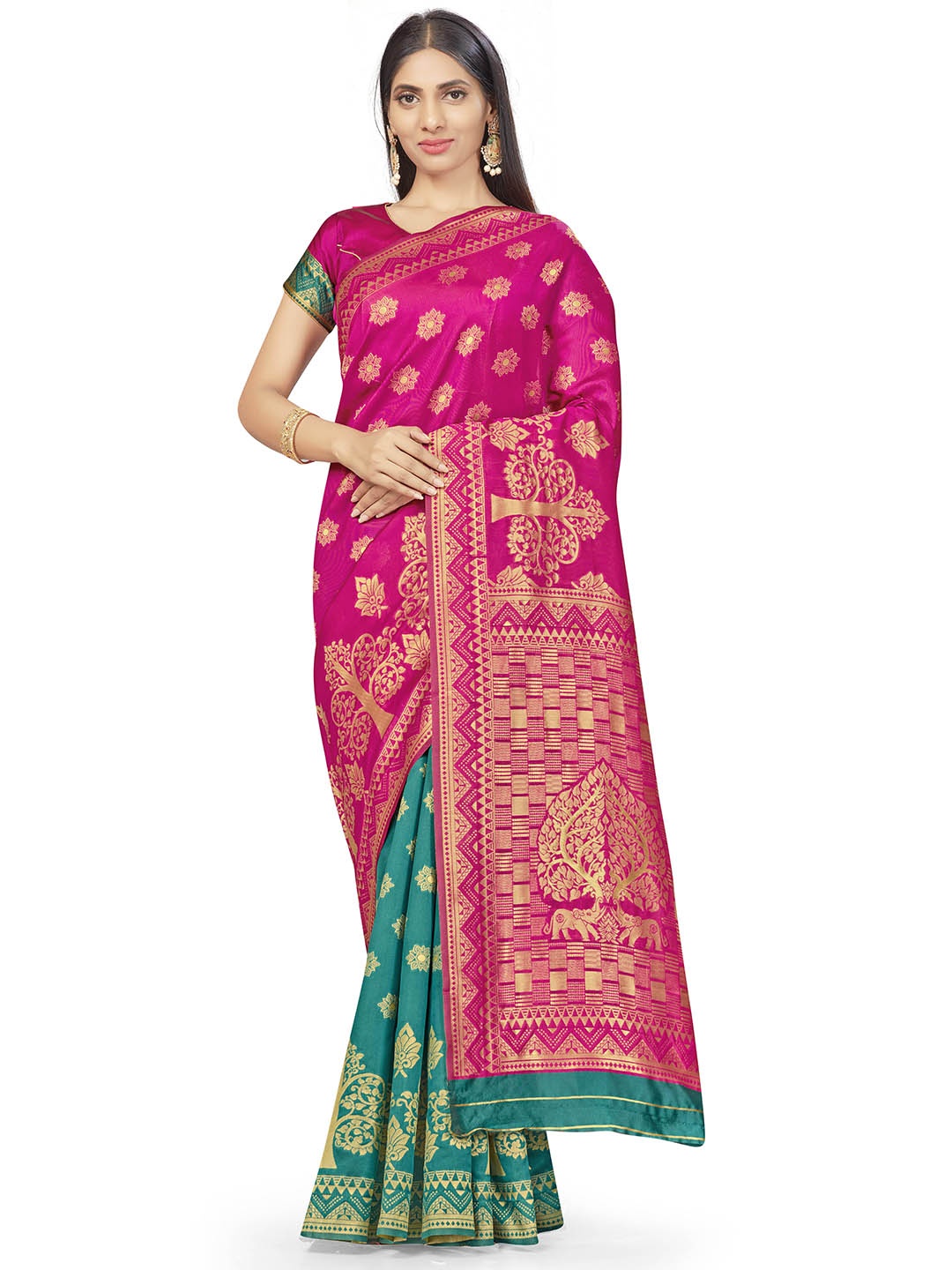 

MANVAA Ethnic Motifs Woven Design Zari Half and Half Banarasi Saree, Pink