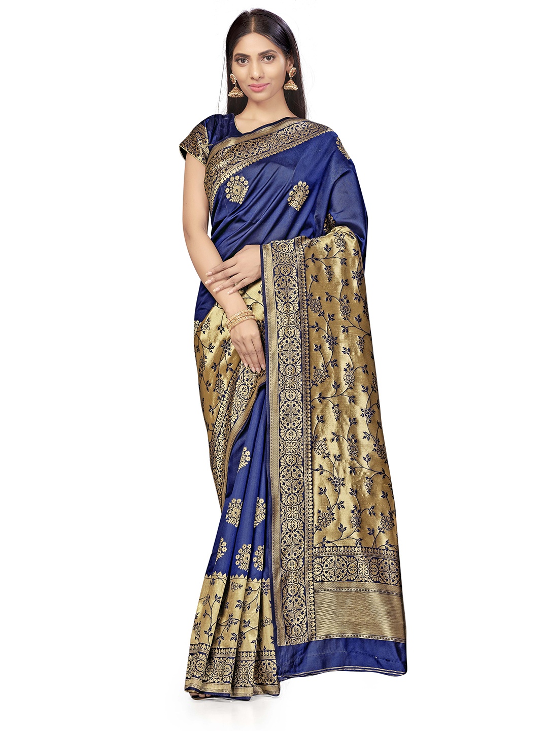 

MANVAA Ethnic Motifs Woven Design Zari Saree, Navy blue