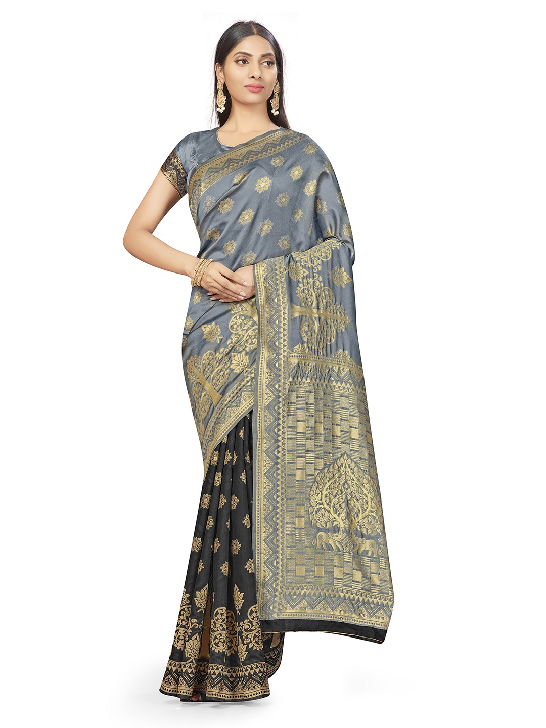 

MANVAA Floral Woven Design Zari Banarasi Saree, Grey