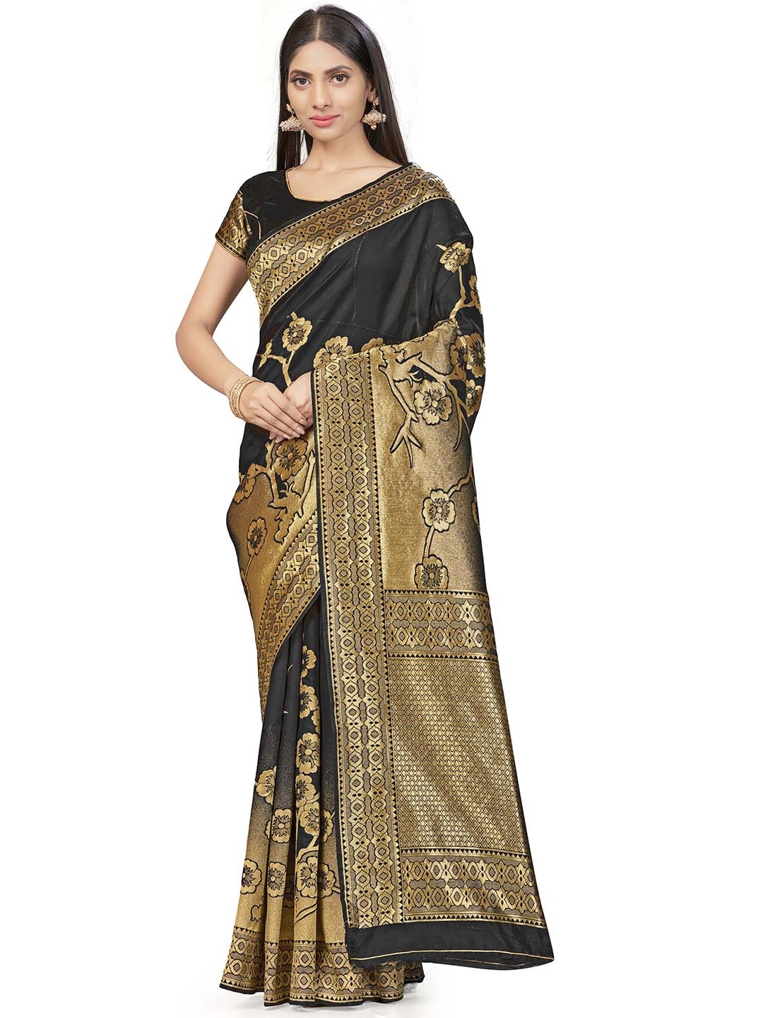 

MANVAA Black & GoldToned Ethnic Woven Design Zari Silk Banarasi Saree