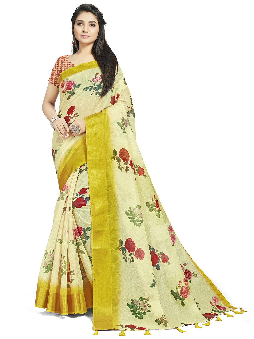 

MANVAA Floral Printed Saree, Yellow