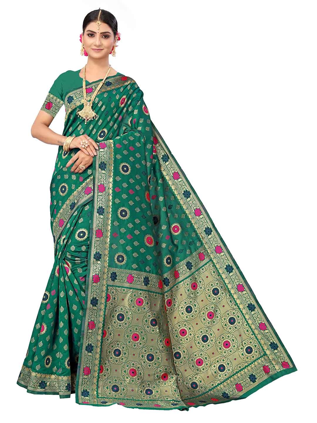 

MANVAA Ethnic Woven Design Zari Kanjeevaram Saree, Green