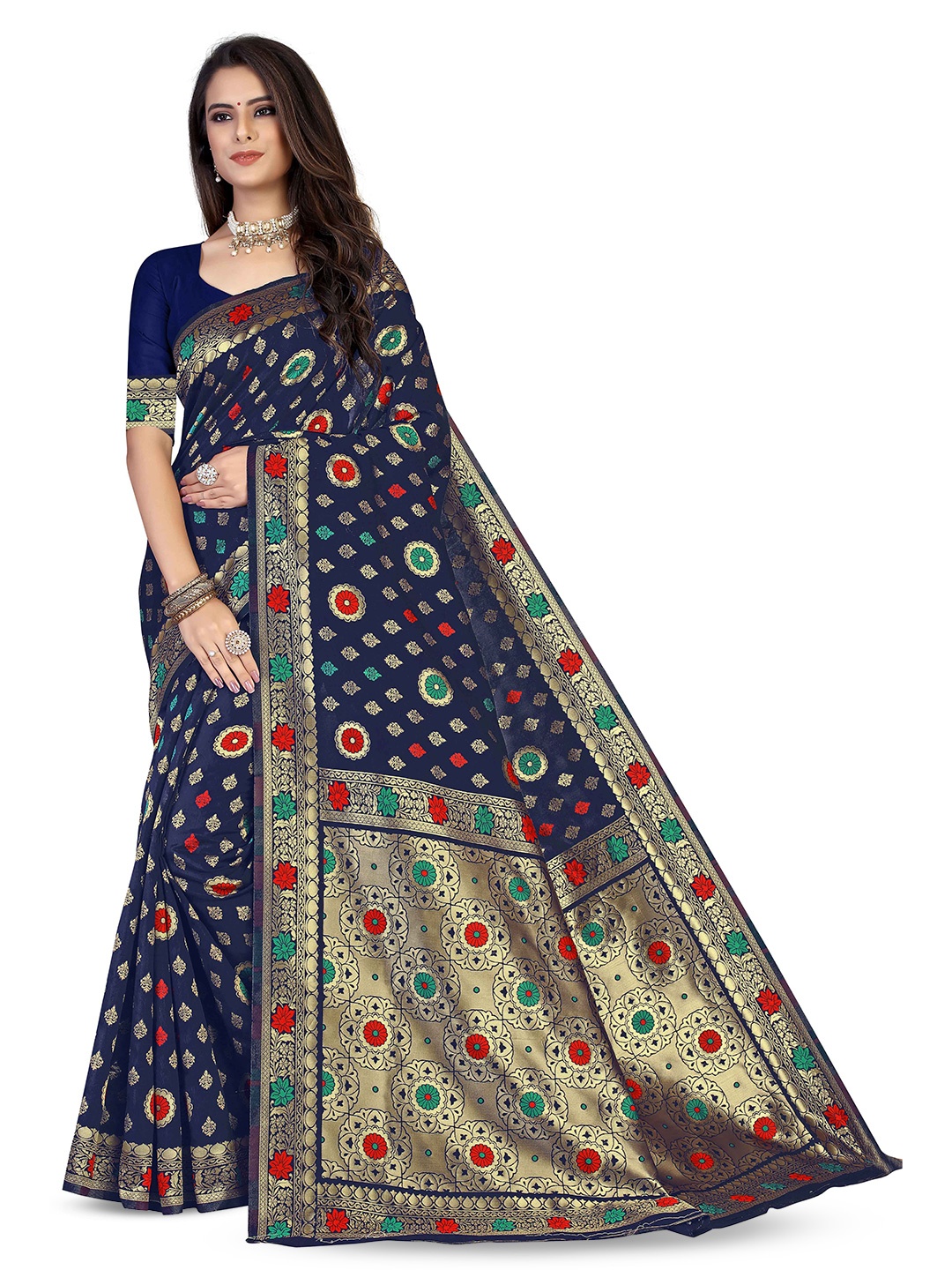 

MANVAA Ethnic Motifs Woven Design Zari Banarasi Saree, Blue