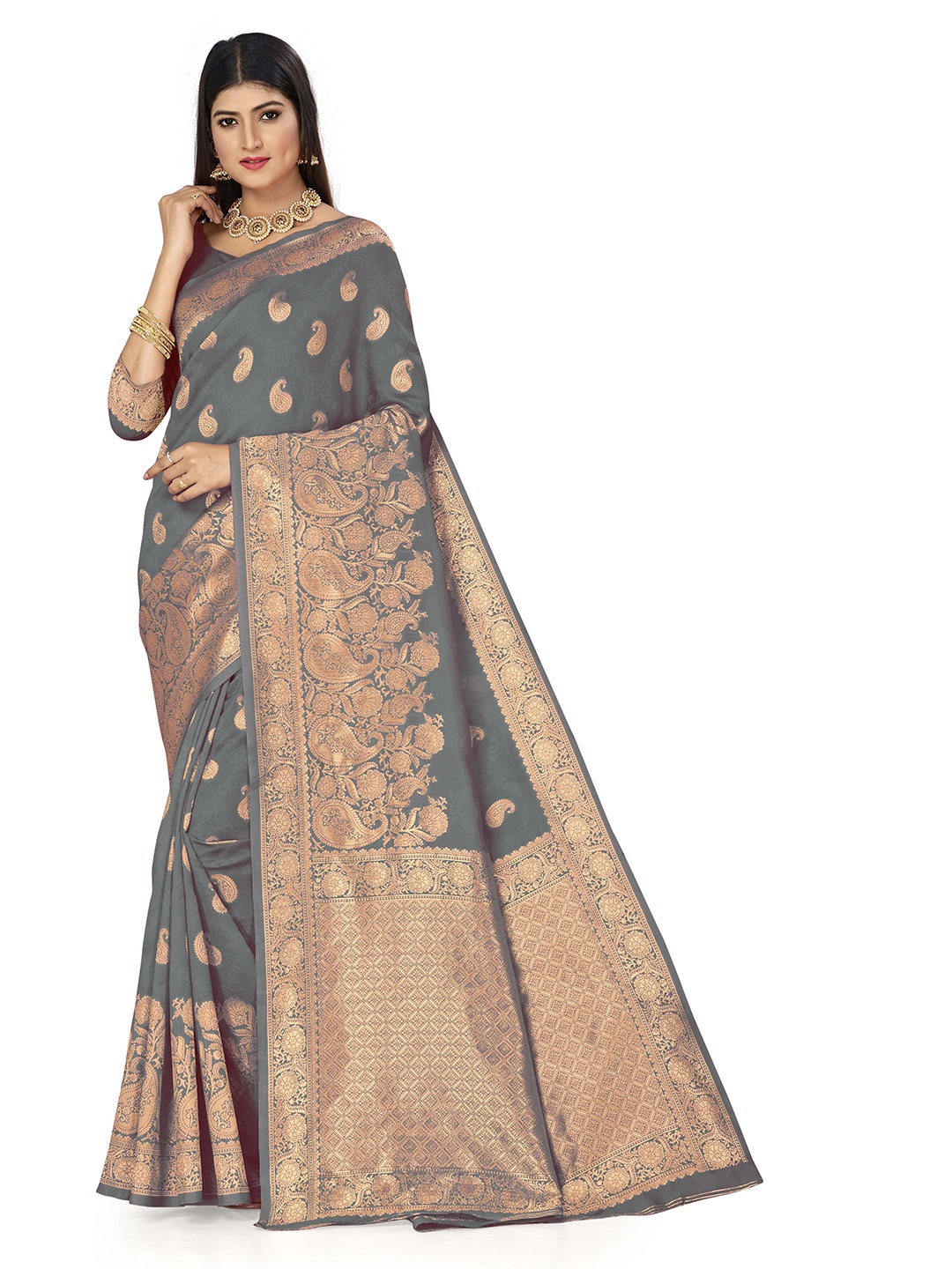 

MANVAA Ethnic Motifs Woven Design Zari Banarasi Saree, Grey
