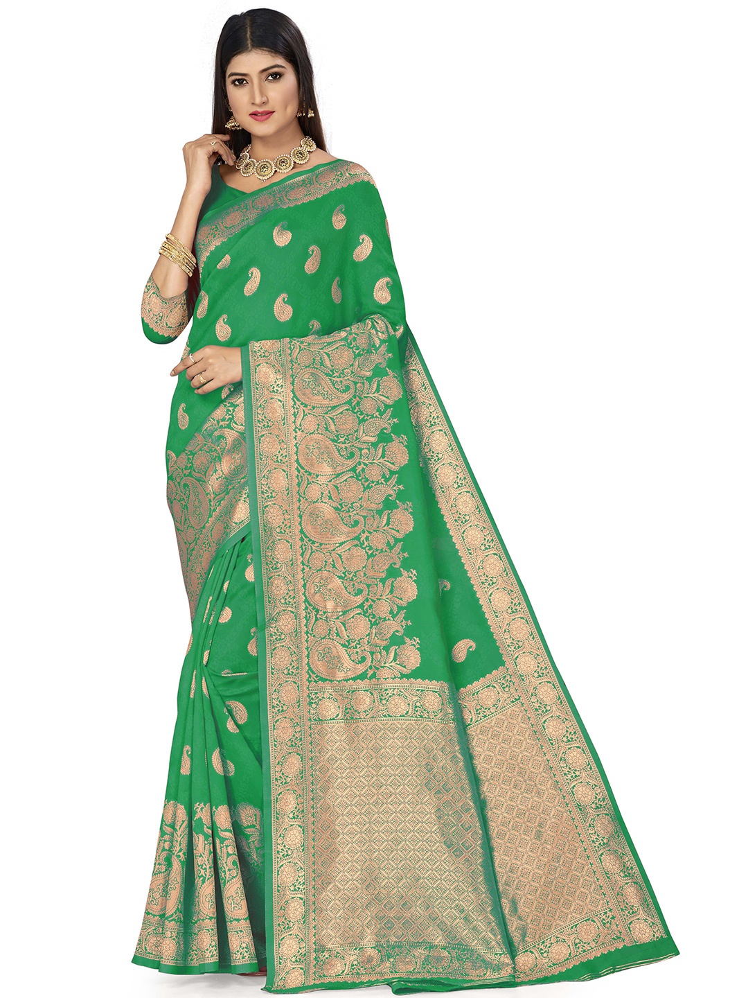 

MANVAA Green & GoldToned Ethnic Woven Design Zari Silk Banarasi Saree