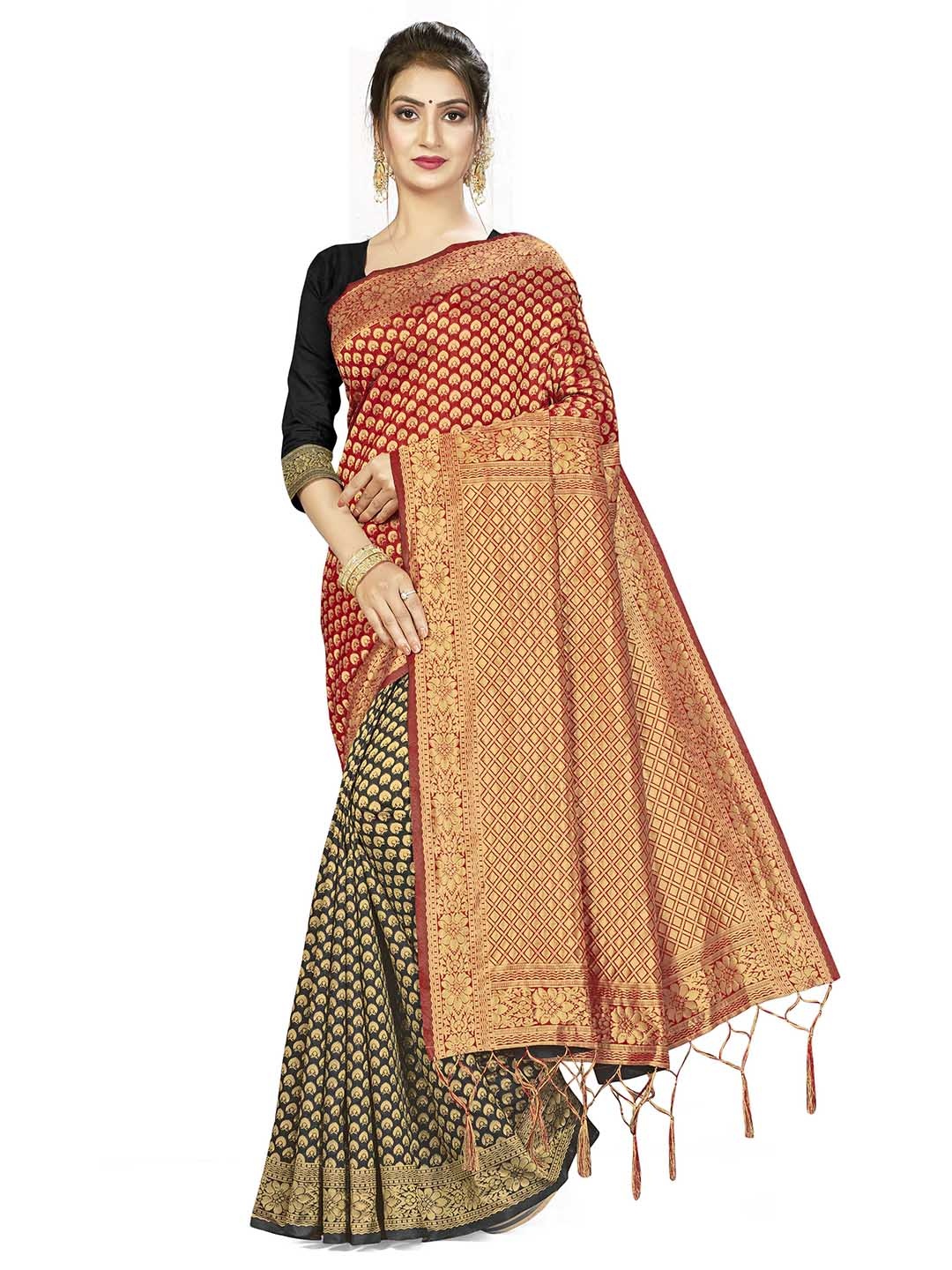 

MANVAA Ethnic Motifs Woven Design Zari Saree, Red
