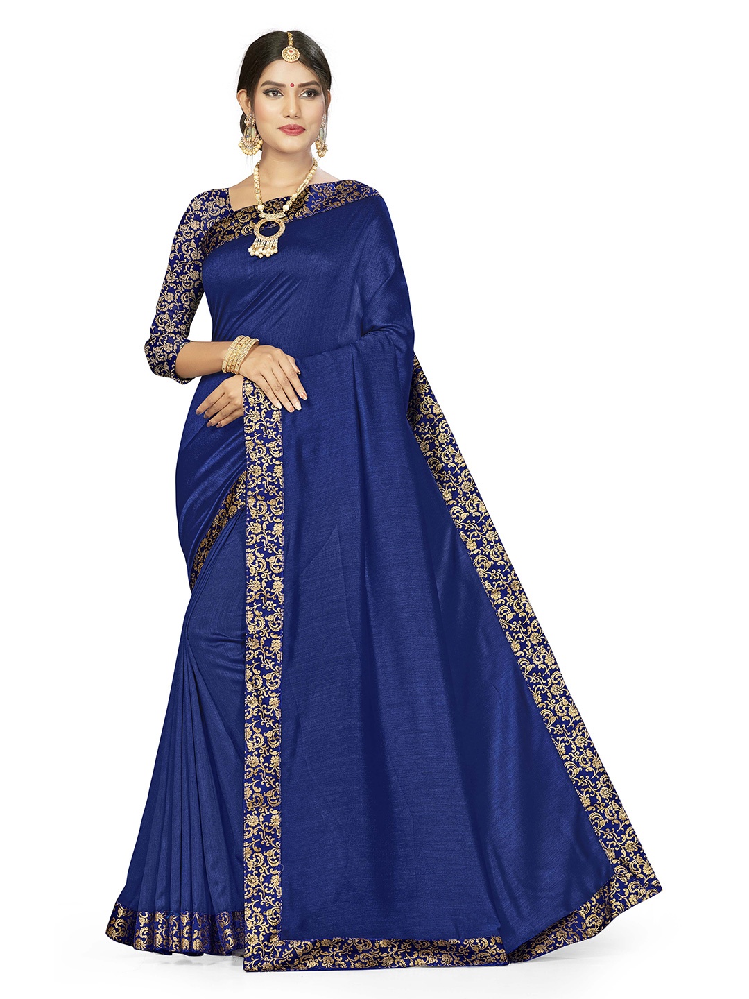 

MANVAA Woven Design Banarasi Saree With Mask, Navy blue