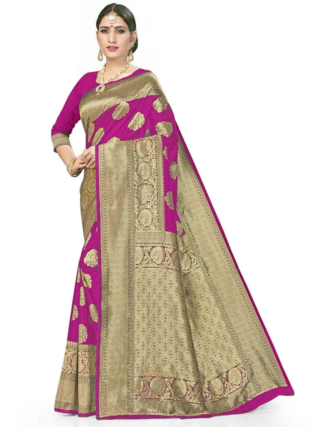 

MANVAA Ethnic Motifs Woven Design Zari Kanjeevaram Saree, Pink
