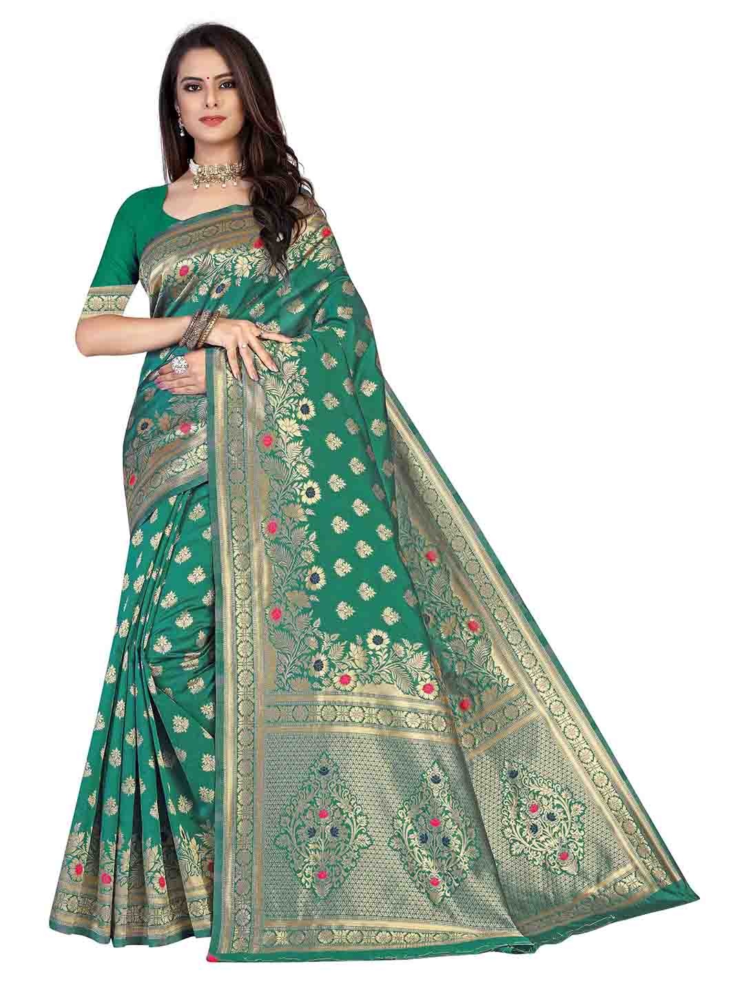 

MANVAA Green & GoldToned Ethnic Woven Design Zari Banarasi Silk Saree