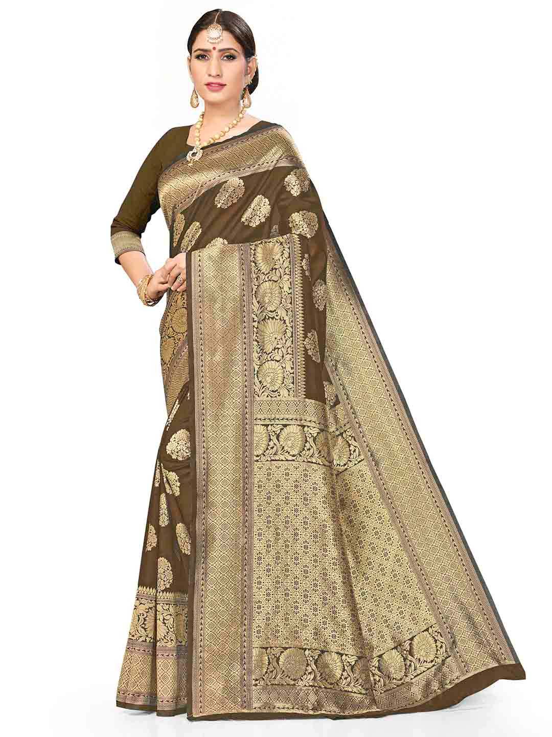 

MANVAA Ethnic Motifs Woven Design Zari Saree, Brown