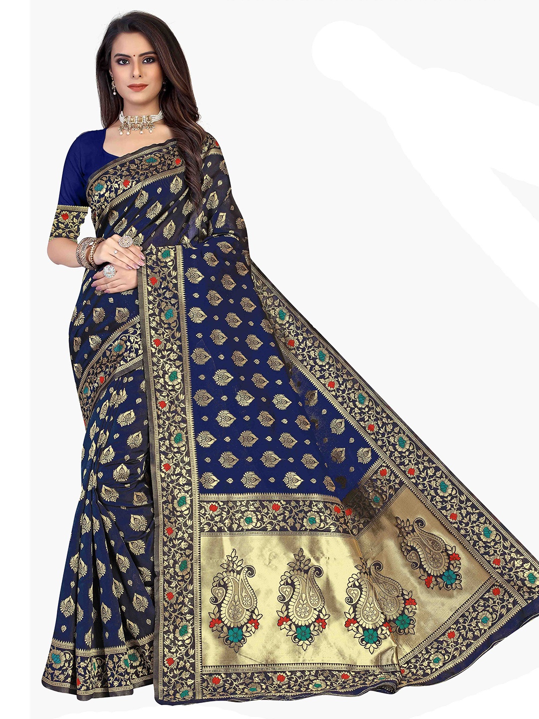 

MANVAA Blue & Orange Ethnic Motifs Zari Silk Banarasi Saree