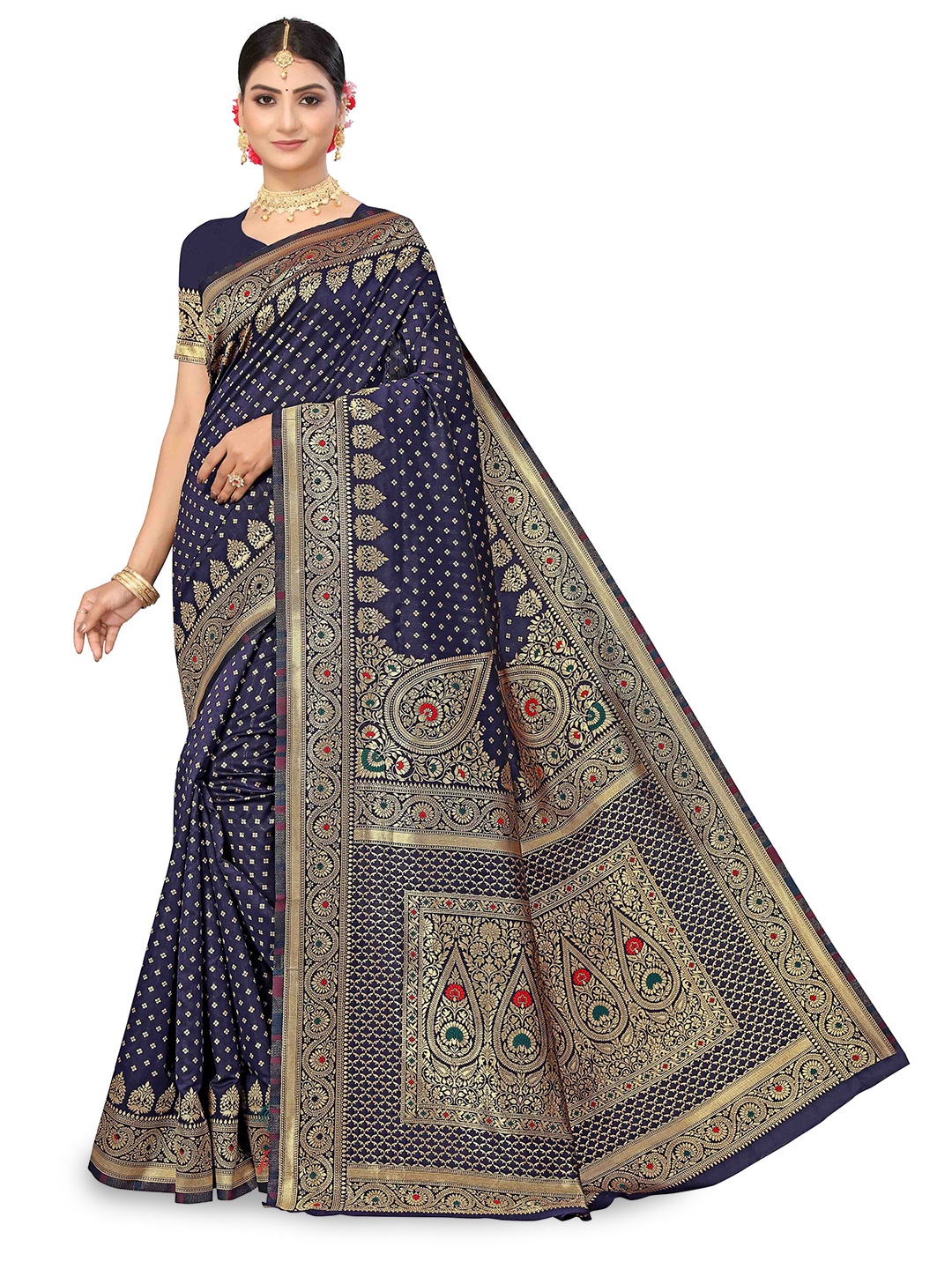 

MANVAA Floral Woven Design Zari Banarasi Saree, Blue