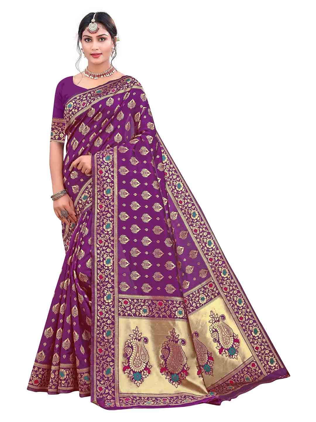 

MANVAA Purple & Gold-Toned Woven Design Zari Banarasi Saree