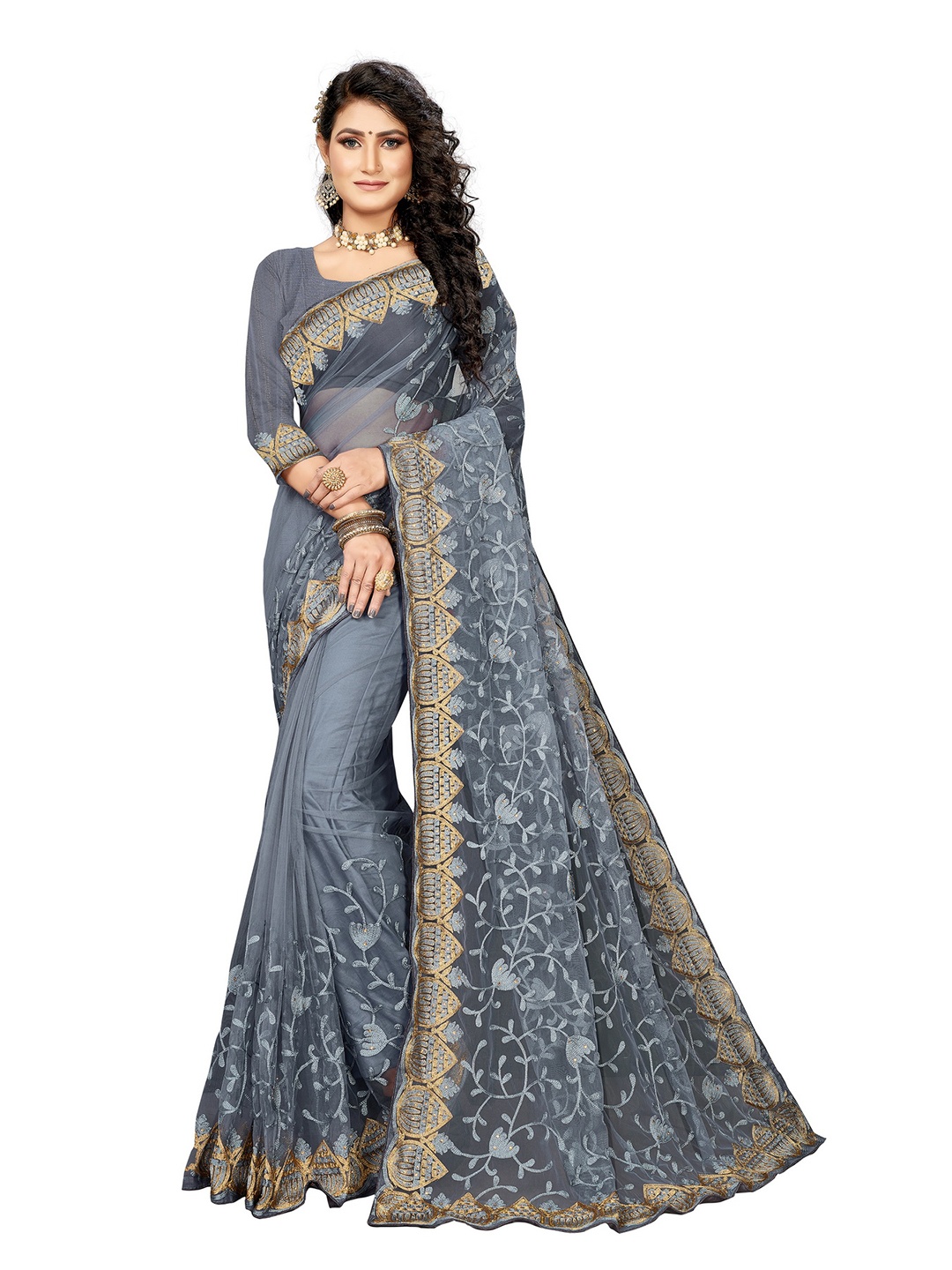 

MANVAA Floral Embellished Embroidered Net Saree, Grey