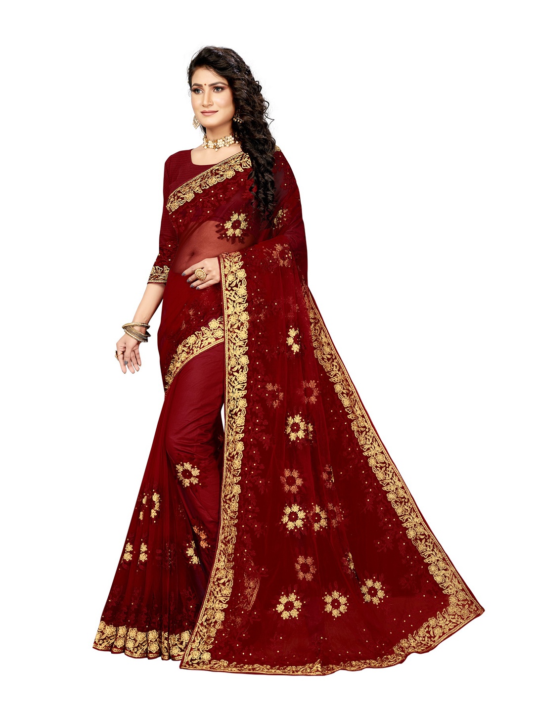 

MANVAA Ethnic Motifs Embroidered Zari Net Banarasi Saree, Maroon